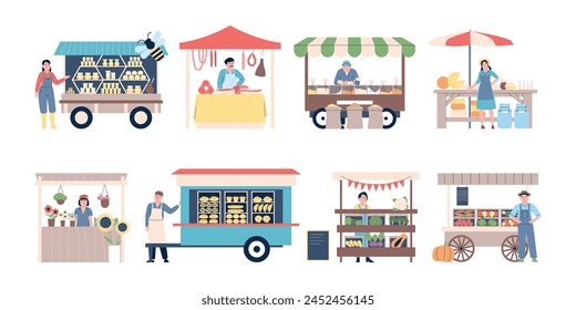 Farm market stall. Vendors with agriculture products, flowers, vegetables and fruits. Merchant of fresh meat and bakery, harvest recent vector set