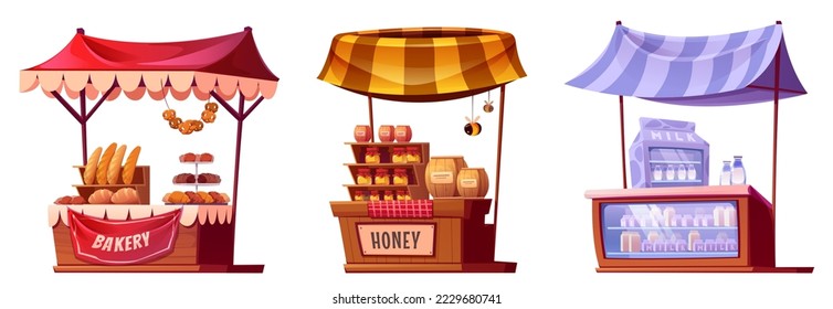 Farm market stalls, wooden fair booths, isolated kiosks with striped awning and farmer food honey, dairy products and vegetables. Wood vendor counters for street trading, Cartoon vector illustration