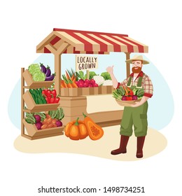 Farm market vector flat cartoon illustration. Farmer sells locally grown fresh vegetables. Healthy organic grocery food shop concept.