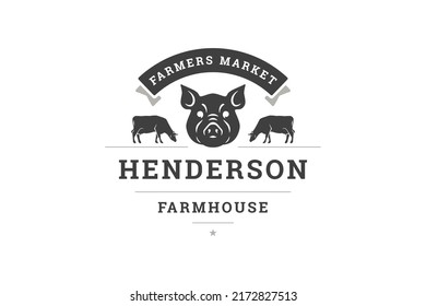 Farm market vintage logo design template pig head and cows monochrome vector illustration. Farmhouse decorative emblem premium fresh organic local harvest product healthy ecology food