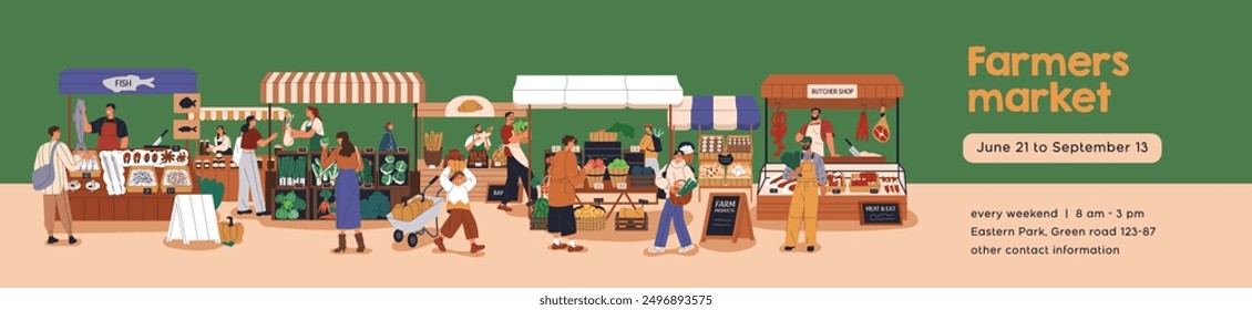 Farm market, web banner design. Local eco vegetables, domestic farmers produce. Fresh organic natural marketplace, festival, fair, long promotion background, header template. Flat vector illustration