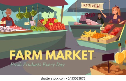 Farm market web banner flat vector template. Farmers selling organic fruits and vegetables. Stalls with fresh fish and meat cartoon illustration. Natural and eco food festival. Seasonal veggies buying