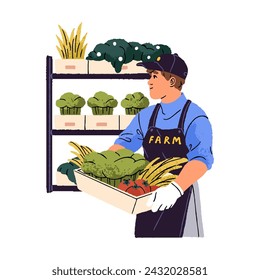 Farm market worker carries basket of vegetables into shelf. Vendor sells organic goods in shop. Sale of farmer harvest. Eco friendly supermarket. Flat isolated vector illustration on white background