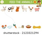 Farm matching activity with cute animals and food. Country puzzle with rabbit, cow, cat, hen, goat, pig. Match the objects game. Feed the animals printable worksheet. On the farm match up page
