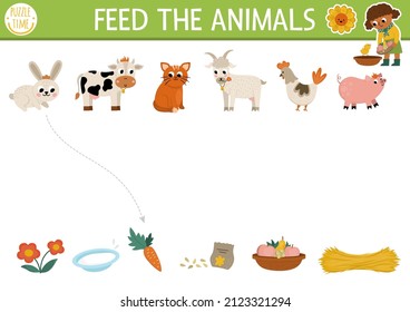 Farm matching activity with cute animals and food. Country puzzle with rabbit, cow, cat, hen, goat, pig. Match the objects game. Feed the animals printable worksheet. On the farm match up page
