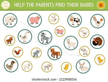 Farm matching activity with cute animals and babies. Country puzzle with rabbit, cow, hen, goat, pig. Mothers day game. Mother and kid printable worksheet. On the farm match up page
