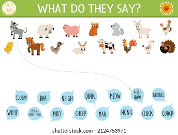 Actividad de casamiento de granjas con animales lindos y sonidos animales. Rompecabezas de campo con conejo, vaca, gato, gallina, cabra, cerdo. Qué dicen que hoja de cálculo imprimible. En la página de coincidencia de granja
