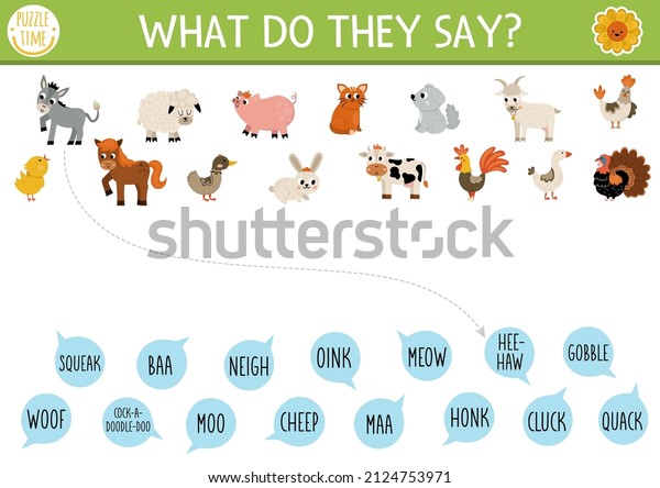 Farm\
matching activity with cute animals and animal sounds. Country\
puzzle with rabbit, cow, cat, hen, goat, pig. What do they say\
printable worksheet. On the farm match up\
page\
