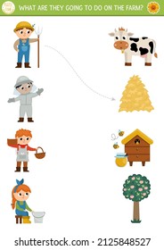 Farm matching activity with cute farmers and their chores. Country puzzle with cow, hay, beekeeper, market vendor, dairymaid. Match the objects game. On the farm match up printable page
