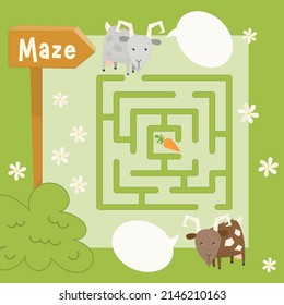 Farm Maze game for children. Help the goat  get to carrot. Vector illustration. Farm labyrinth for kids activity book.