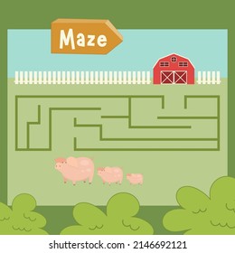 Farm Maze game for children. Help the pig get to barn. Vector illustration. Farm labyrinth for kids activity book.