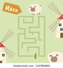 Farm Maze game for children. Help the sheep get to green pea pod. Vector illustration. Farm labyrinth for kids activity book.