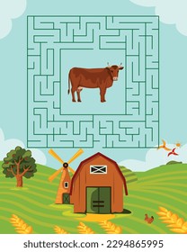 Farm maze game for kids. Help the cow to reach house