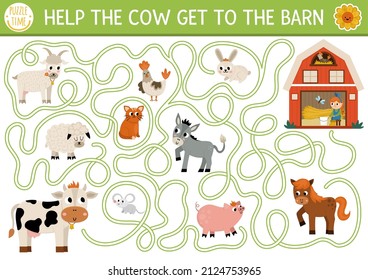 Farm maze for kids with animals and cottage shed. Country side preschool printable activity with cute goat, pig, horse, sheep. Spring or summer labyrinth game, puzzle. Help the cow get to the barn
