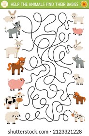 Farm maze for kids with animals and their babies. Country side preschool printable activity with cute goat, pig, horse, sheep, cow. Mothers day labyrinth game, puzzle with family love concept
