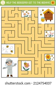 Farm maze for kids with beekeeper and beehive. Country side preschool printable activity with cute bees, flowers, honey jar. Spring or summer geometric labyrinth game or puzzle
