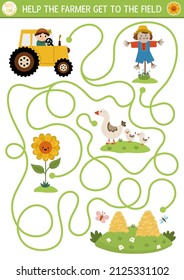 Farm Maze For Kids With Cute Tractor, Scarecrow, Sunflower, Hay Stacks. Country Side Preschool Printable Activity. Spring Or Summer Labyrinth Game, Puzzle. Help The Farmer Get To The Field
