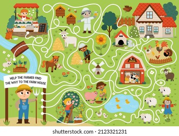 Farm maze for kids with rural village landscape, animals, barn, cottage. Country side preschool printable activity. Spring or summer labyrinth game, puzzle. Help the farmer find the way to farmhouse
