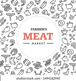 Farm Meat Butchery Signs Round Design Template Thin Line Icon Concept Frame or Border for Market. Vector illustration