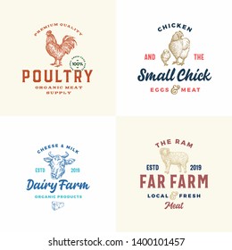 Farm Meat, Cheese and Poultry Logos Set. Abstract Vector Signs or Symbols Templates. Hand Drawn Domestic Animals and Birds with Retro Typography. Vintage Emblems. Isolated.