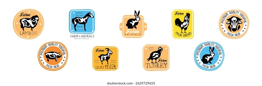 Farm Meat Label and Sticker with Fresh Cattle and Poultry Vector Set