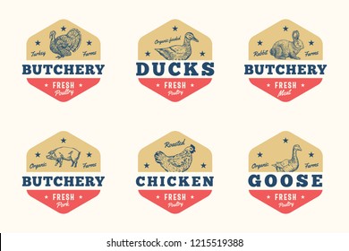 Farm Meat and Poultry Abstract Vector Signs, Symbols or Logo Templates Set. Hand Drawn Domestic Animals and Birds Sillhouettes with Retro Typography. Vintage Emblems or Banners. Isolated.