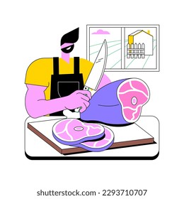 Farm meat products isolated cartoon vector illustrations. Man cuts the farm meat, agriculture industry, agribusiness secondary production sector, fresh raw pork steak vector cartoon.