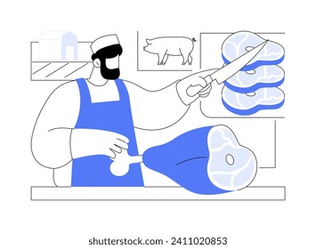 Farm meat products isolated cartoon vector illustrations. Man cuts the farm meat, agriculture industry, agribusiness secondary production sector, fresh raw pork steak vector cartoon.