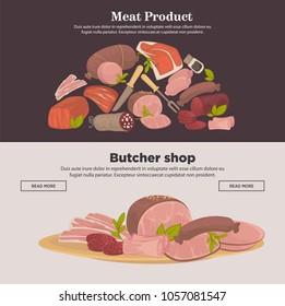 Farm meat sausages and delicatessen vector web banners