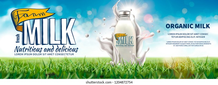 Farm Milk Banner Ads With Splashing Liquid And Green Grassland, 3d Illustration
