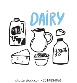 Farm milk in jug, dairy products. Doodle drawings of yogurt bottle, cottage cheese in bowl, triangle pieces of cheese. Black freehand food graphic.