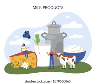 Farm milk product concept. Farming food production. Village groceries. Summer countryside view, agriculture concept. Isolated flat illustration