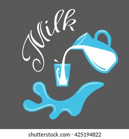 Farm milk splash vector elements. Pouring fresh homemade village milk into a glass from jug for advert banners and badges.