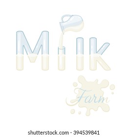 "Farm Milk" vector lettering. Logo. Jug and glass letters isolated on white background. Text vector illustration. Dairy products