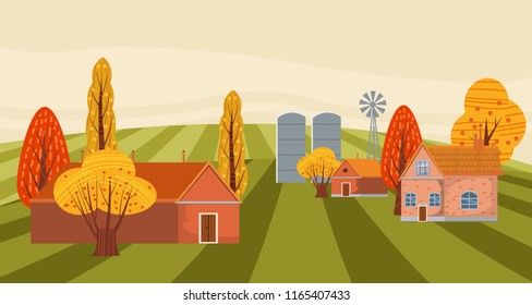 Farm modern flat cartoon design style vector illustration on green background with place for text. A countryside rural landscape autumn with a barn, windmill, haystacks, pond, silage towers, isolated