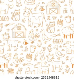 Patrón sin fisuras monocromo de la granja con garabatos lindos de animales y flores para impresiones de vivero, Fondo de pantalla, fondos, textiles, papel de regalo, ropa de cama, páginas para colorear, etc. EPS 10