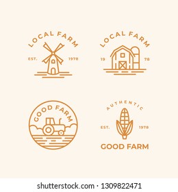 Farm monoline logo icon set. Windmill, barn, tractor and corn. Vector designs.