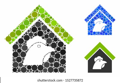 Farm mosaic of small circles in variable sizes and color hues, based on farm icon. Vector small circles are grouped into blue composition. Dotted farm icon in usual and blue versions.