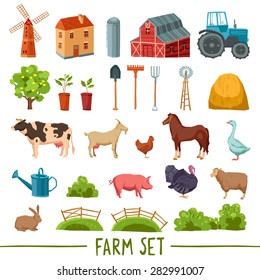 Farm multicolored icon set with house barn tractor tree haystack cattle poultry garden tools isolated vector illustration