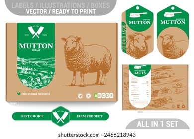 Farm Mutton meat packaging design set featuring detailed hand drawn illustrations, accents and informative labels. Perfect for farms, butchers, and supermarkets seeking a high-quality meat 