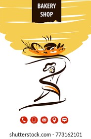 Farm natural ingredient. Bread made with love. Sketch vector illustration. Silhouette of baker man in chef hat holding basket with baked goods. 
