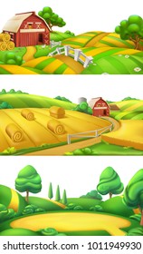 Farm and nature. Landscape panorama set. 3d vector illustration