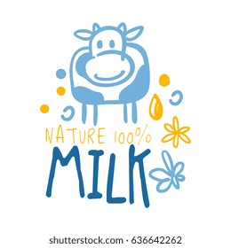 Farm nature milk logo symbol. Colorful hand drawn illustration