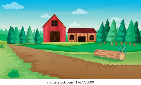 Farm in nature scene with barn and farm house illustration