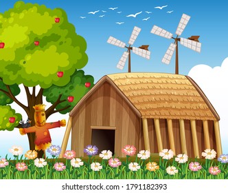 Farm in nature scene with barn and scarecrow and windmill illustration