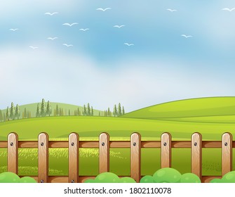 Farm in nature scene with blank bright blue sky  illustration