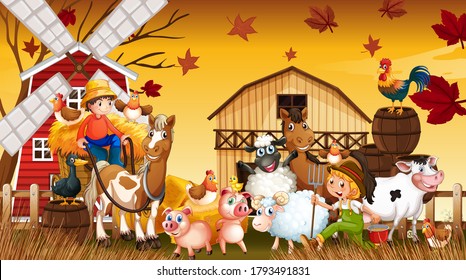 Farm in nature scene with windmill and animal farm in autumn season illustration