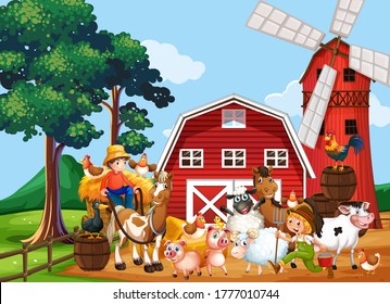 Farm in nature scene with windmill and barn and animal farm illustration