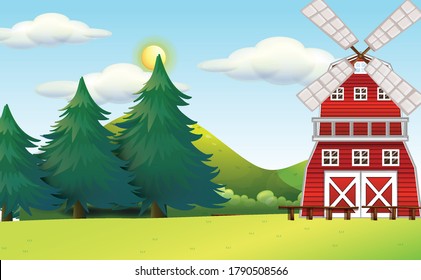 Farm in nature scene with windmill and big pines illustration