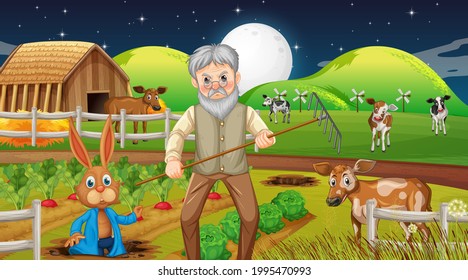 Farm at night scene with old farmer man and farm animals illustration